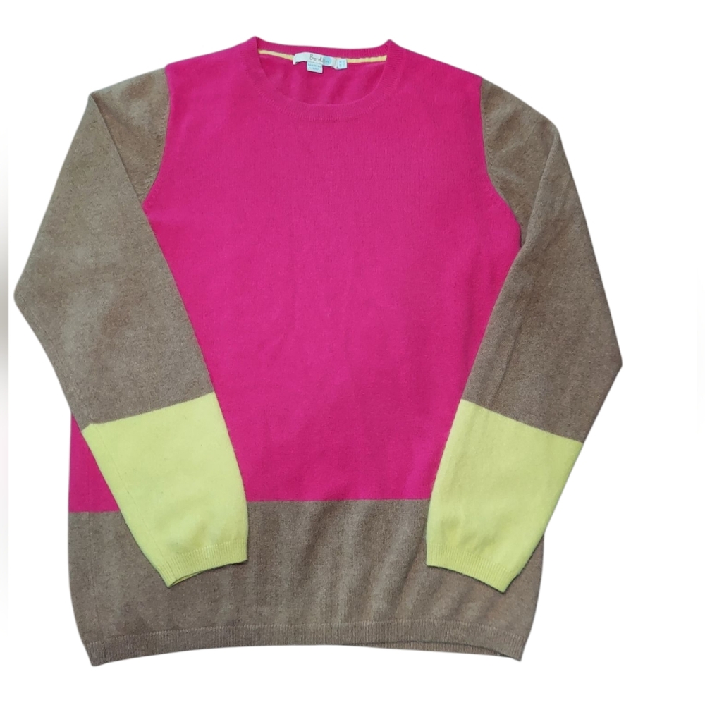 Boden Colorblock Crewneck Sweater in Fuchsia, Lime & Taupe